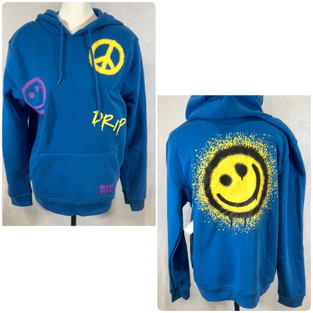 Brooklyn Cloth “Drip All Day” blue smiley hoodie size medium NWT
